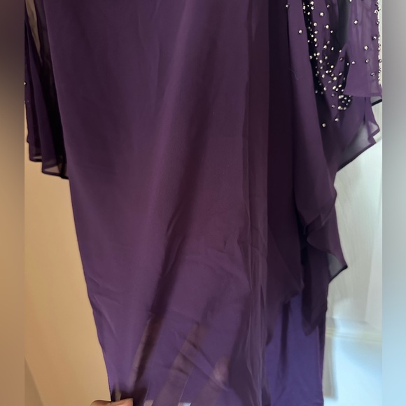 NWOT XSCAPE Purple Stretch Embellished Cape Overlay Sleeveless Dress; women’s 8 - Picture 6 of 11